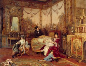 Wiktoriański Sardou (1831 - 1908), dramaturg i jego dzieci. Widok z wnętrza salonu z ogniem przed kominkiem. Obraz Auguste La Brely (1838-1906) autorstwa Auguste de la Brely