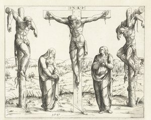 Chrystus na krzyżu oraz Maryja i Jan Ukrzyżowanie Konkordancja Starego i Nowego Testamentu (tytuł serii) Concordants alt und news Testamenty (tytuł serii) autorstwa Augustin Hirschvogel