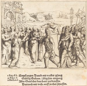 Dawid jest witany po zabiciu Goliata i zazdrości Saula autorstwa Augustin Hirschvogel