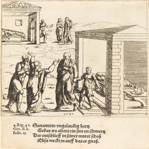 Elizeusz Wskrzesza Syna Szunamitki, 1547. autorstwa Augustin Hirschvogel