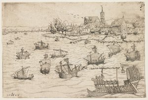 Jonasz i wieloryb na jeziorze z żaglowcami, 1546 autorstwa Augustin Hirschvogel