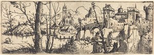 Krajobraz z zamkiem po prawej, otoczony skałami, 1546. autorstwa Augustin Hirschvogel