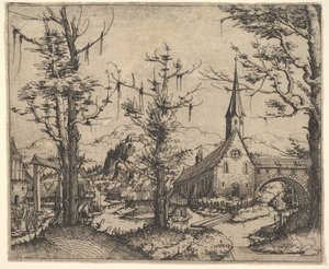 Krajobraz z czterema drzewami i kościołem po prawej, 1545 . autorstwa Augustin Hirschvogel