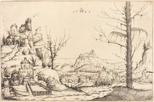Krajobraz z wysokimi klifami, rzeką i miastem, 1546. autorstwa Augustin Hirschvogel