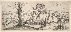 Krajobraz z wysokimi skałami i fortecami, 1546. autorstwa Augustin Hirschvogel