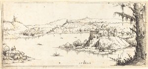 Krajobraz z dużym jeziorem w centrum, 1546. autorstwa Augustin Hirschvogel