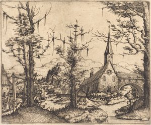 Krajobraz z wiejskim kościołem, 1545. autorstwa Augustin Hirschvogel