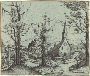 Krajobraz z wiejskim kościołem, 1545. autorstwa Augustin Hirschvogel