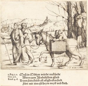 Mojżesz wraca do Egiptu z Midianu, 1549. autorstwa Augustin Hirschvogel