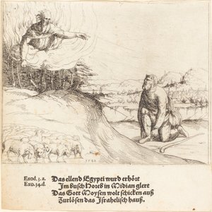 Mojżesz i gorejący krzew, 1548. autorstwa Augustin Hirschvogel