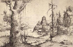 P.9-1993 Krajobraz rzeczny z grubym drzewem autorstwa Augustin Hirschvogel