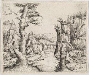 Krajobraz rzeczny z wysokimi klifami, 1546. autorstwa Augustin Hirschvogel
