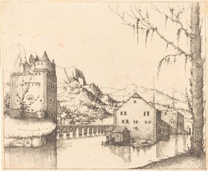 Krajobraz rzeczny z domami na wyspie, 1545. autorstwa Augustin Hirschvogel