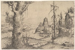 Krajobraz rzeczny z dużym drzewem po lewej, 1546. autorstwa Augustin Hirschvogel