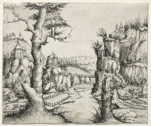 Krajobraz rzeczny ze skałami po lewej i po prawej, 1546. autorstwa Augustin Hirschvogel