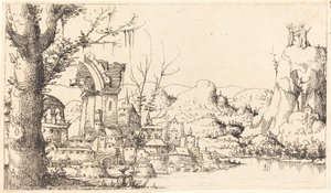 Krajobraz rzeczny z kuszeniem Chrystusa, 1545. autorstwa Augustin Hirschvogel
