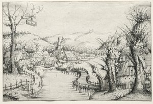 Krajobraz rzeczny z trzema nagimi wierzbami po prawej stronie i długim wijącym się drewnianym mostem..., 1546. autorstwa Augustin Hirschvogel
