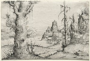 Krajobraz rzeki z dużym drzewem po lewej, 1546. autorstwa Augustin Hirschvogel