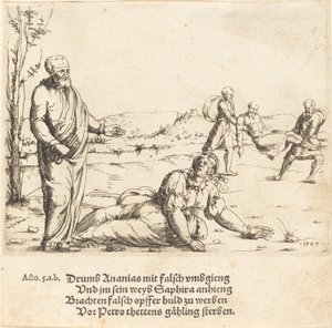 Kara Ananiasza i Safiry, 1549. autorstwa Augustin Hirschvogel