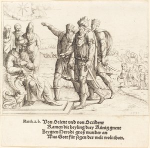 Trzej Królowie opowiadają Herodowi o narodzinach Chrystusa autorstwa Augustin Hirschvogel