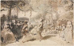 Przebrani tancerze występujący w tawernie ogrodowej, 1756. autorstwa Augustin de Saint Aubin