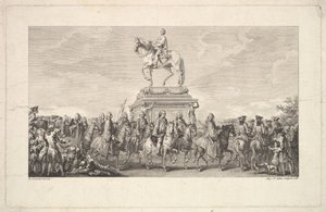 Inauguracja posągu Ludwika XV, Vignette na s. 1, z Description des Trava..., 1766. autorstwa Augustin de Saint Aubin