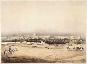 Sir Charles Napier na pierwszym planie, a za nim jego eskorta konia Scinde, Hyderabad, ok. 1850 (kolor lito) autorstwa Augustine Fitzgerald