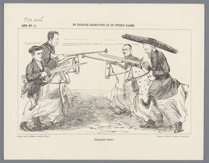 Maskarada w Utrechcie z 1851 r.: Rederijkers w 1500 Rederijkers. 1500 (tytuł na obiekcie) Historia narodowa. od najdawniejszych czasów do końca XVII wieku, w ośmiu scenach, przedstawionych w kostiumie przez H.H. Uczniowie Szkoły Utrechckiej autorstwa Augustinus Jacobus Bernardus Wouters