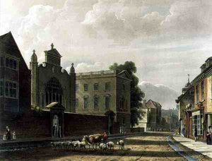 Na zewnątrz Kolegium św. Piotra (Peterhouse), Cambridge, z „Historii Cambridge”, ryt. Joseph Constantine Stadler (fl.1780-1812), wyd. przez R. Ackermanna