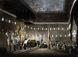 Szczątki lorda wicehrabiego Nelsona leżące w stanie w malowanej komorze w szpitalu Greenwich, grawerowane przez J. Merigot, wyd. 1806 (kolor grawerowany) autorstwa Augustus Charles (after) Pugin