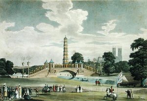 Widok na most i pagodę, park św. Jakuba, wzniesiony z okazji Wielkiego Jubileuszu, Uroczystość Pokoju, ryt J.R. Hamble autorstwa Augustus Charles (after) Pugin