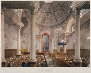 Wnętrze kościoła St Stephen Walbrook podczas nabożeństwa, City of London, 1809