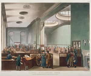 Widok wnętrza pokoju subskrypcyjnego Lloyds w Royal Exchange, City of London, 1809