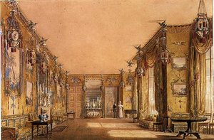 Wnętrze Żółtej Sali Rysunkowej w Pawilonie w Brighton, ok. 1820 (akwarela i gwasz na papierze) autorstwa Augustus Charles Pugin