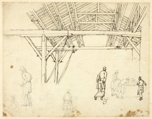 Studium odrzucone, prawdopodobnie dla ilustracji Urzędu Celnego, z Microcosm of London (recto); Szkice robotników z beczkami (verso) autorstwa Augustus Charles Pugin