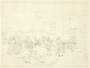 Studium Mennicy, z Mikrokosmosu Londynu (recto); Szkic dziedzińca (verso) autorstwa Augustus Charles Pugin