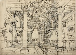 Studium dla Kościoła Walbrook (recto); Szkice żaglówek, ludzi i pontonów (verso) autorstwa Augustus Charles Pugin