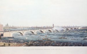 Otwarcie mostu Waterloo 18 czerwca 1817, sztych. A. Pugin z rysunku W. Findlatera, sztych. R. Havell und Son, 1818 (kolorystyka) autorstwa Augustus Charles Pugin