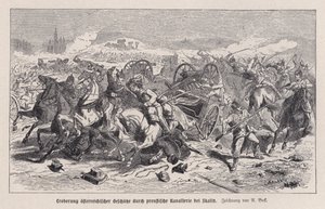 Austriackie działa zdobyte przez kawalerię pruską w bitwie pod Skalitz, Czechy, wojna austriacko-pruska autorstwa Augustus J. Beck