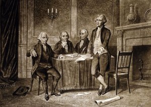 Przywódcy Kongresu Kontynentalnego 1775: John Adams, Robert Morris, Alexander Hamilton, Thomas Jefferson, rysunek Augustusa Tholeya (1894) autorstwa Augustus Tholey