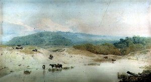 Widok w Yorkshire, rzeka i bydło, (rysunek)