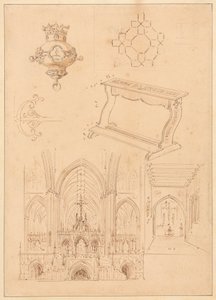Projekty ornamentyki gotyckiej, klęcznika i dwa szkice wnętrz kościołów gotyckich autorstwa Augustus Welby Northmore Pugin