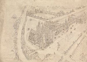 Szkic gotyckiego kościoła i klasztoru autorstwa Augustus Welby Northmore Pugin