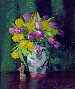 Żółte i fioletowe tulipany w wazonie autorstwa Augustus William Enness