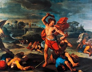 Samson zabija Filistynów, obraz Aureliano Milani (1675-1749), olej na płótnie, 225x290 cm, Włochy