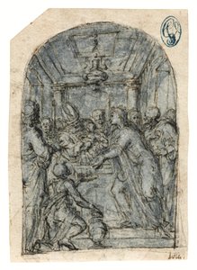 Ofiarowanie w świątyni (kreda z piórem i tuszem, pranie i białe powiększenie na papierze) autorstwa Aurelio (attr. to) Luini