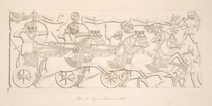 Asyryjscy wojownicy w bitwie, z Monuments of Niniveh, wyd. 1849 autorstwa Austen Henry Layard