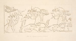 Asyryjscy wojownicy na koniach, z Monuments of Niniveh, wyd. 1849 autorstwa Austen Henry Layard