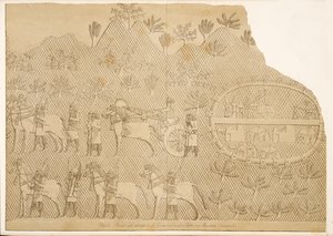 Rydwan i pomocnicy Sennacheryba i zamku na górze (Kouyunjik), z Monuments of Niniveh, wyd. 1849 autorstwa Austen Henry Layard