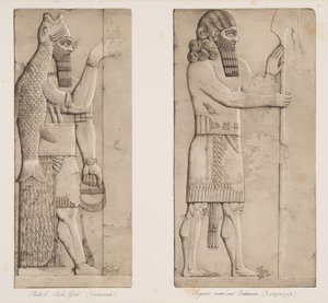 Bóg Ryby (Nimroud) i Figura przy wejściu (Kouyunjik), z Monuments of Niniveh, wyd. 1849